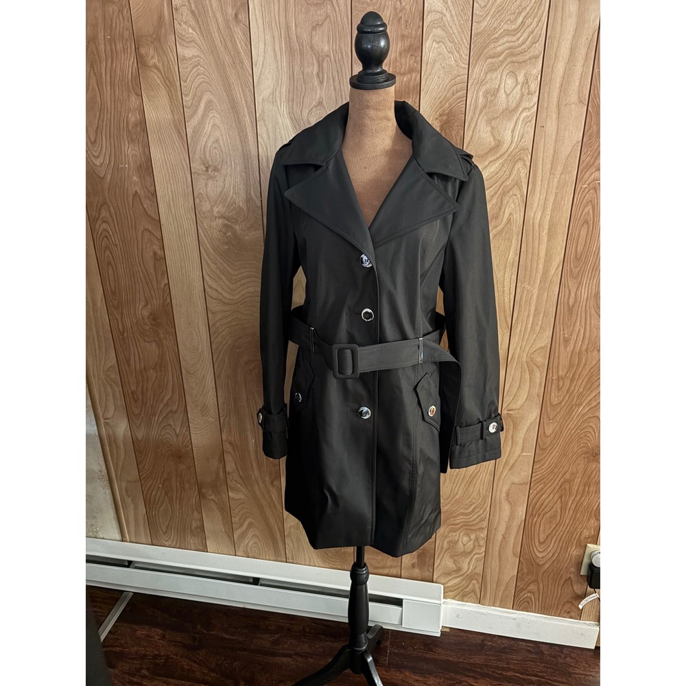 Calvin Klein Womens Black Belted Trench Rain Coat Jacket Detachable Hood Small